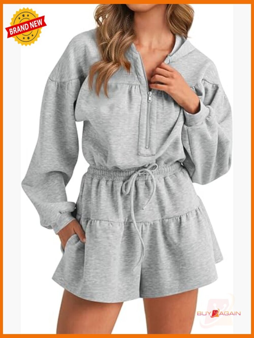 Women's Casual Hoodie Romper with Pockets - Long Sleeve Zip Front Jumpsuit